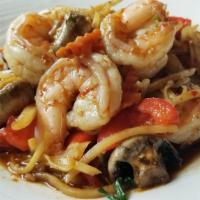 85. Goong Pad Prig · Hot. Sautéed shrimp with mushrooms, onions, bamboo shoots, red bell and chili paste.