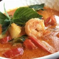 Gang Koor Goong · Shrimp in red curry with pineapple, tomatoes, and fresh basil. Serve with Jasmine Rice (Sub ...