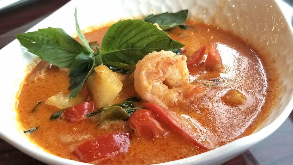 Gang Koor Goong · Shrimp in red curry with pineapple, tomatoes, and fresh basil. Serve with Jasmine Rice (Sub Brown Rice +1) (Gluten free)