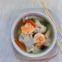 Wonton Soup · Smooth skinned chinese chicken dumplings boiled with vegetables and shrimp in chicken soup.