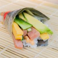 Spam & Tamago · Spam, Tamago, avocado, english cucumber, sushi rice, unagi sauce. house made mayo, and nori.