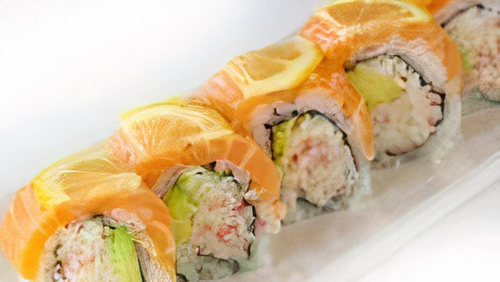 49er Roll · California Roll topped with salmon belly and lemon slices