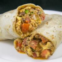 Breakfast Burrito · 3 scrambled eggs with breakfast meat, sautéed onions, bell peppers and tomatoes.