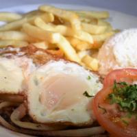 Bistec a Lo Pobre · Top sirloin Steak, 2 fried eggs on top, fried onions and French fries. Served with side of r...