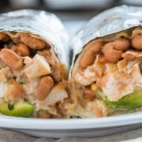 Super Burrito · Meat of your choice in a flour tortilla with whole beans, cheese, salsa fresca, avocado, che...