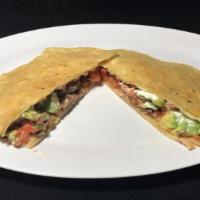 Mula Quesadilla · Two open faced corn tortilla with meat of your choice, melted cheese, salsa fresca, avocado,...