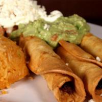 Flautas Plate · 3 flautas (chicken or pork)  with refried beans & Mexican rice, served with lettuce, salsa f...