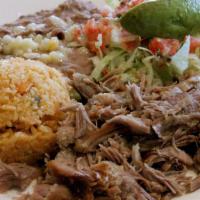 *Meat Plate · Meat of your choice served with refried pinto beans andMexican rice, a small salad, salsa fr...