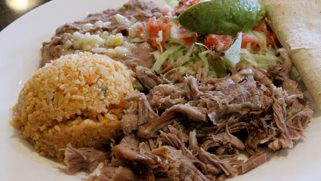 *Meat Plate · Meat of your choice served with refried pinto beans andMexican rice, a small salad, salsa fresca & a slice of avocado. Your choice of corn or flour tortillas.