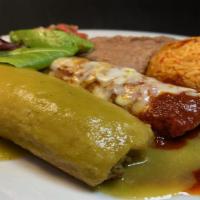 Combination Plate (Enchilada & Tamale) · One enchilada (chicken, pork or potatoes)  one tamale chicken, pork or veggie served with re...
