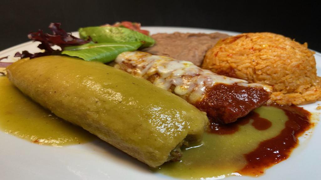 Combination Plate (Enchilada & Tamale) · One enchilada (chicken, pork or potatoes)  one tamale chicken, pork or veggie served with refried beans, Mexican rice, avocado & small salad.