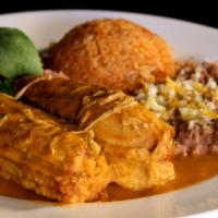 Tamales Plate (2) · Homemade corn dough tamales made with Chicken, pork or veggies served with Mexican rice, ref...