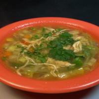 Bowl of Chicken Broth with Veggies · 12 oz of chicken broth with pieces of chicken & veggies.