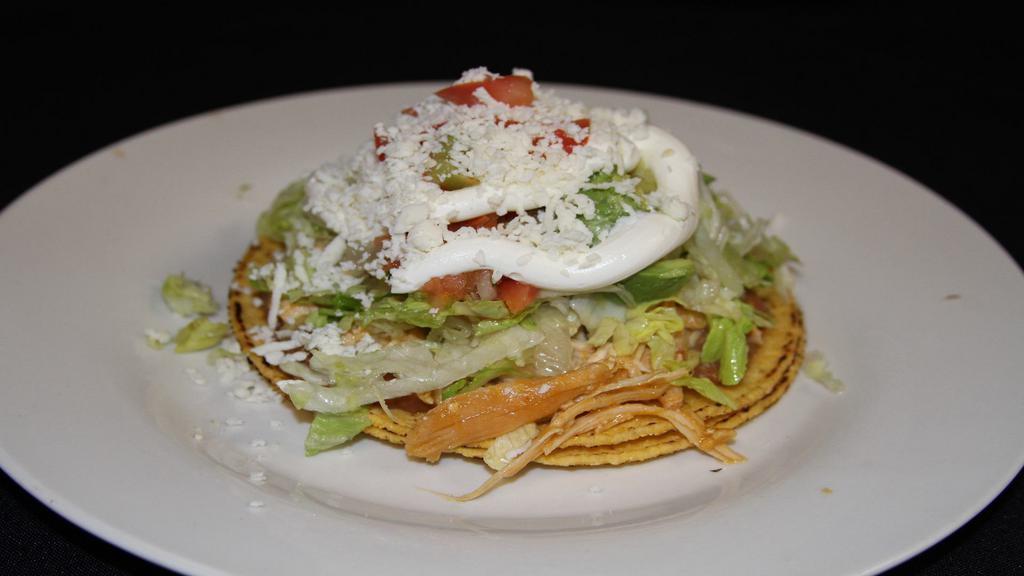 One Tostada · 2 corn crispy tortillas with your meat choice,  beans, lettuce, tomatoes, avocado, sour cream and Mexican cheese.