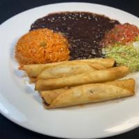 3 Vegan Potato Flautas Plate · 3 potato flautas (taquitos) deep fried, guacamole, lettuce and salsa fresca,  served with bl...