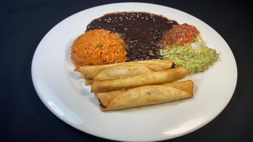 3 Vegan Potato Flautas Plate · 3 potato flautas (taquitos) deep fried, guacamole, lettuce and salsa fresca,  served with black beans & Mexican rice.