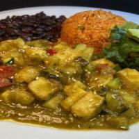 Vegan Chile Verde Tofu Plate · Sautéed veggies with tofu on a homemade  Chile verde sauce,  served with black beans, Mexica...