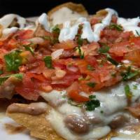 Regular Nachos · Homemade corn chips with melted Monterey jack cheese, mashed beans, salsa fresca and sour cr...