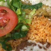 Enchiladas · Choice of meat, rice and beans.