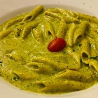 Penne Al Pesto · Pasta with pine nut garlic, basil, and olive oil blended. Add chicken or prawn for an additi...
