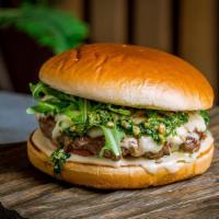 🇮🇹 Pesto Burger · 8oz Black Angus patty on a Brioche bun with Tillamook Cheddar Cheese on a Brioche bun with l...