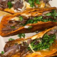 Quesabirrias · Shredded beef with melted cheese, onion, and cilantro