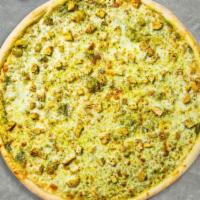 Pesto Science Pizza · Homemade pesto, carmelized onions, fresh mozzarella curd, Parmesan, tomatoes, and garlic oli...