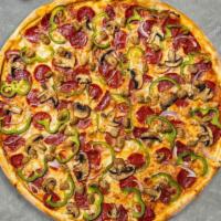 Sausage Space Pizza · Homemade sausage marinated in white wine, mushrooms, cherry tomatoes, red onions, fresh mozz...