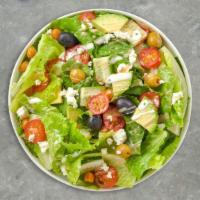 Geek Greek Salad · Tomatoes, cucumber, onions, garlic, avocado, Parmesan and tossed in balsamic or french dress...