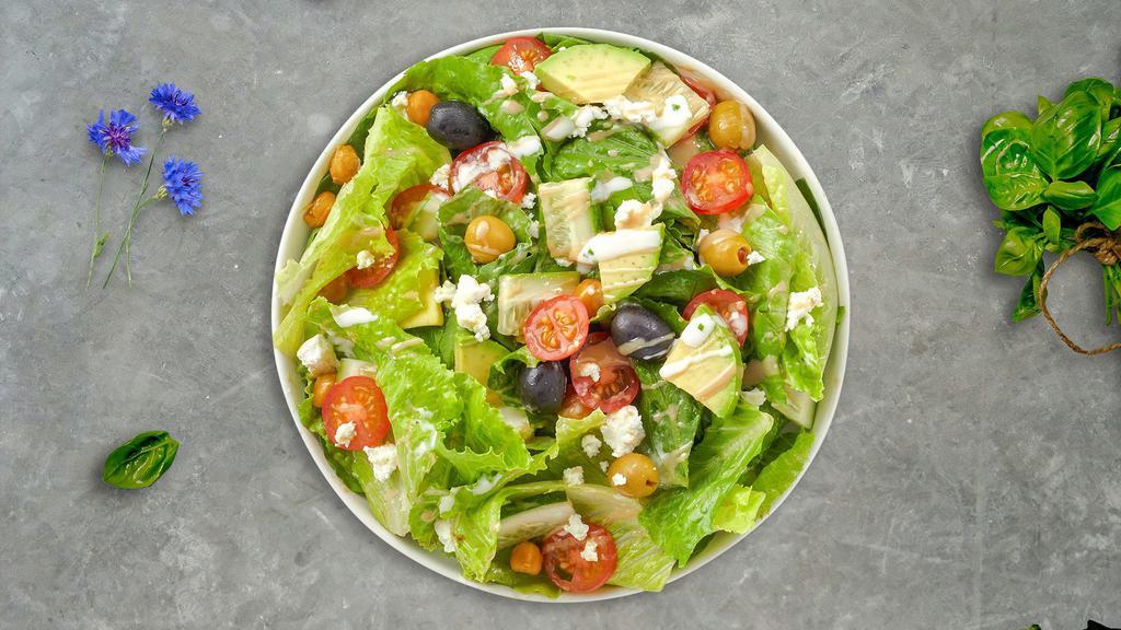Geek Greek Salad · Tomatoes, cucumber, onions, garlic, avocado, Parmesan and tossed in balsamic or french dressing.