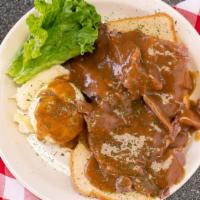 Hot Roast Beef · Open-faced hot roast beef sandwich with mashed potatoes and gravy.
