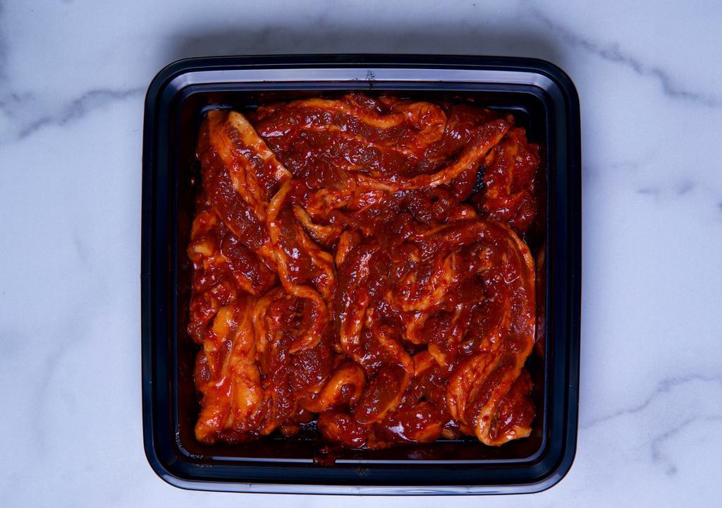 고추장 삼겹살 Spicy Pork Belly · Come with 3 kind of house sauce (contains peanut butter), no side dishes. Please fully cook before consuming.
