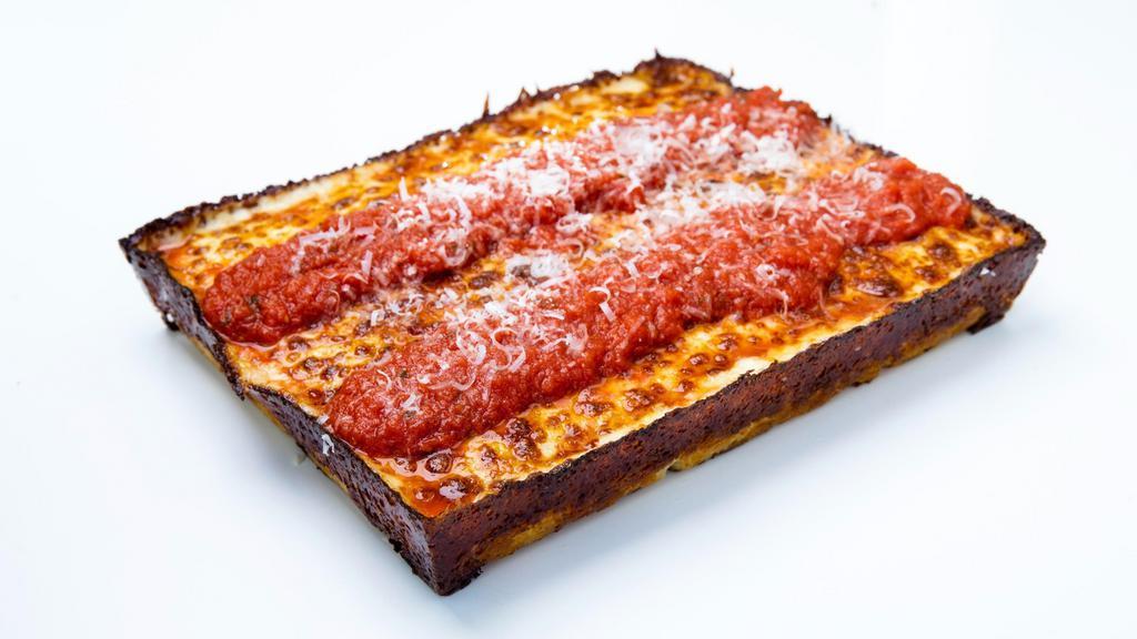 The Cheese (v) · Mozzarella & brick cheese, topped with parmesan and house marinara
