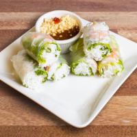 Shrimp Rolls · Peanut. Soft rice paper rolls filled with poached shrimps, lettuce, mint leave and vermicell...