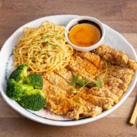 Fried Chicken Steak · Taiwanese style, battered crispy chicken breast, marinated & seasoned, served with broccoli