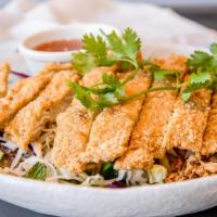 Chicken Steak Cabbage Salad · shredded cabbage, carrots, cucumber & mint leaves, topped with PEANUTS & fried shallots. Ser...
