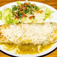 Wet Burrito · Top with choice of salsa and cheese and a side salad rice, beans, meat of choice, pico de ga...