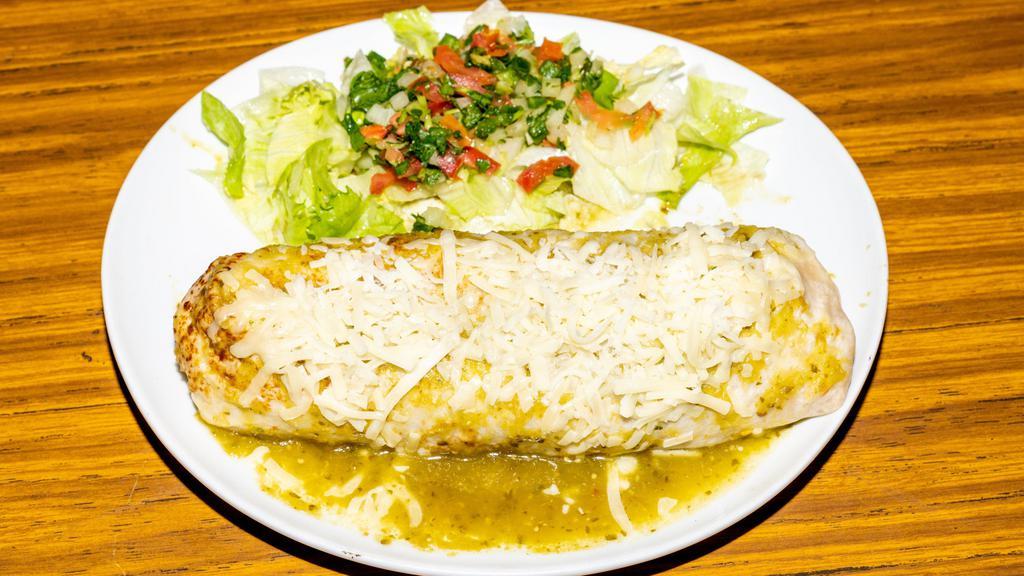 Wet Burrito · Top with choice of salsa and cheese and a side salad rice, beans, meat of choice, pico de gallo, salsa, cheese, guacamole, sourcream.