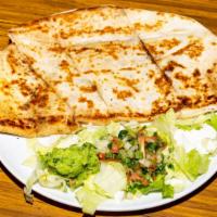 Super Quesadilla · Choice of meat, side salad, guacamole, sourcream, pico de gallo.