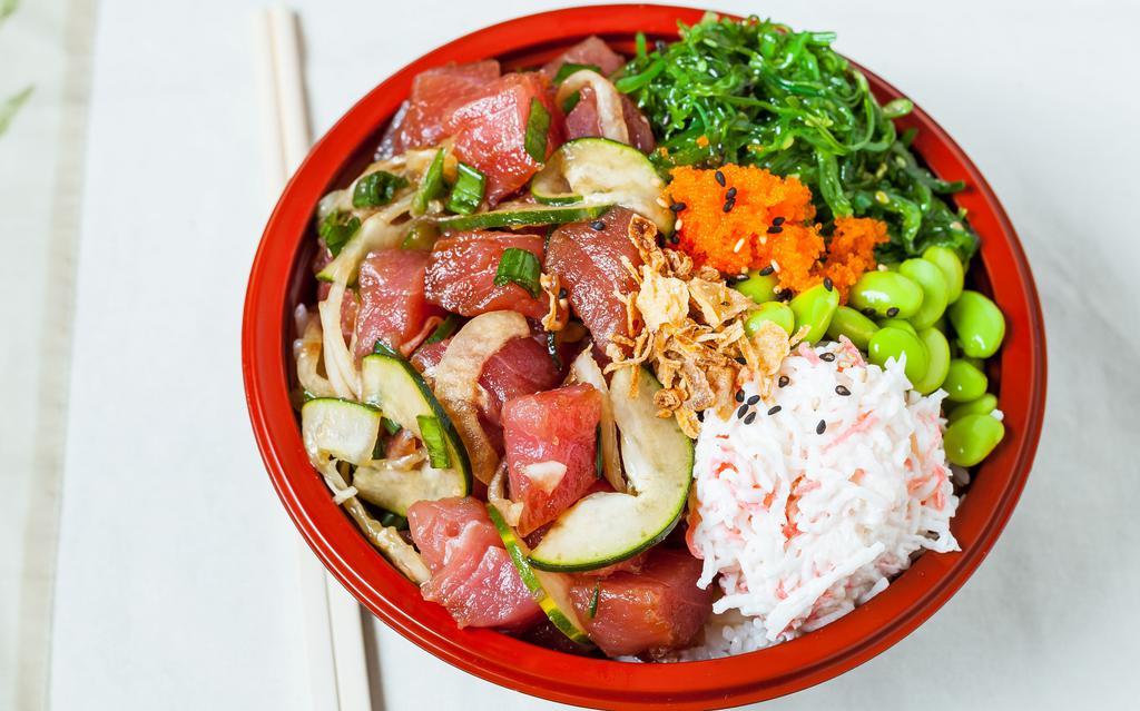 Yuzu Warrior · Ahi tuna, yuzu kosho sauce, crab salad, seaweed salad, edamame, masago, cucumber, green and white onion, sesame seeds, crispy onion.