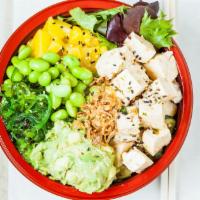 Tofucado Vegan · Organic tofu, avocado, Spoonfish signature sauce, pineapple, edamame, seaweed salad, green a...