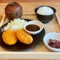 Korokke Teishoku · Potato croquette, koshihikari rice, miso soup and tskukemono. (Vegetarian)