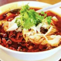 68. Village Pork Blood, Tripe and Bamboo Shoot in Hot Chili Oil  （毛血旺） · Hot.