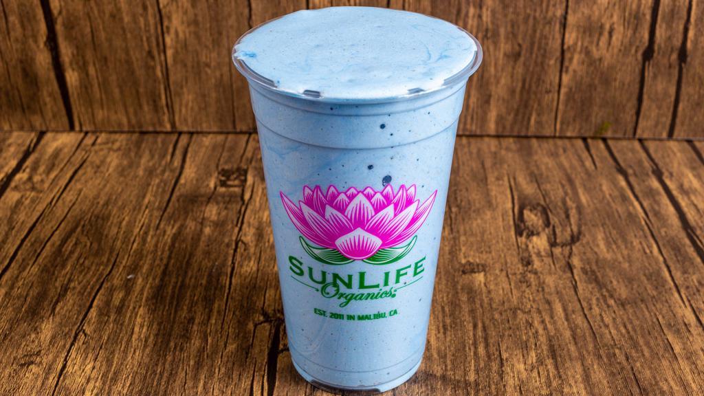 Blue Majik · Young thai coconut meat, medjool date, Himalayan sea salt, blue Majik - E3 live, lotus pollen, grass-fed whey protein isolate, collagen, hemp milk, pineapple juice.