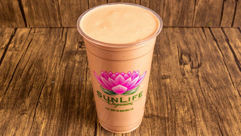 Peanut Butter Shake · Sunlife Organics favorite: Banana, peanut butter, raw chocolate plant protein, raw cacao, almond milk.