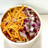 Chili (beef) · topped with cheese and onions