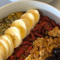 Superfood Acai Bowl · Organic acaiberry base. Toppings: goji berry, hempseed, granolas, blueberries, bananas. Choo...