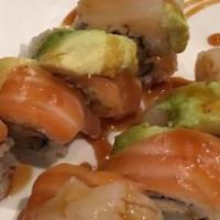 Hokkaido · Spicy, raw fish. Spicy crab, shrimp tempura topped hokkaido scallop, salmon, avocado with un...