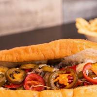 Hot Pepper Cheesesteak · Hot cherry  peppers,  grilled onions and melted cheese steak