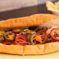 Sweet Pepper Cheesesteak · Sweet cherry  peppers,  grilled onions and melted cheese steak.